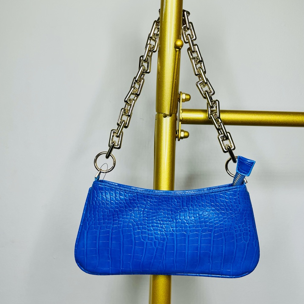 Gold Chain Faux Croc Shoulder Bag (Cobalt)